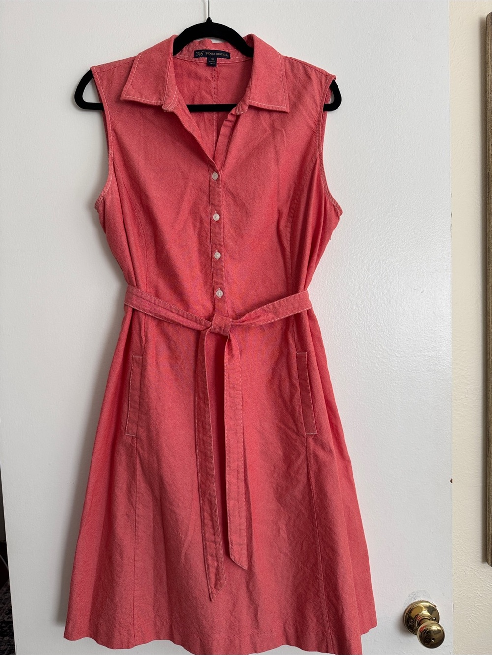Brooks Brothers Sleeveless Belted Shirt Dress in Coral